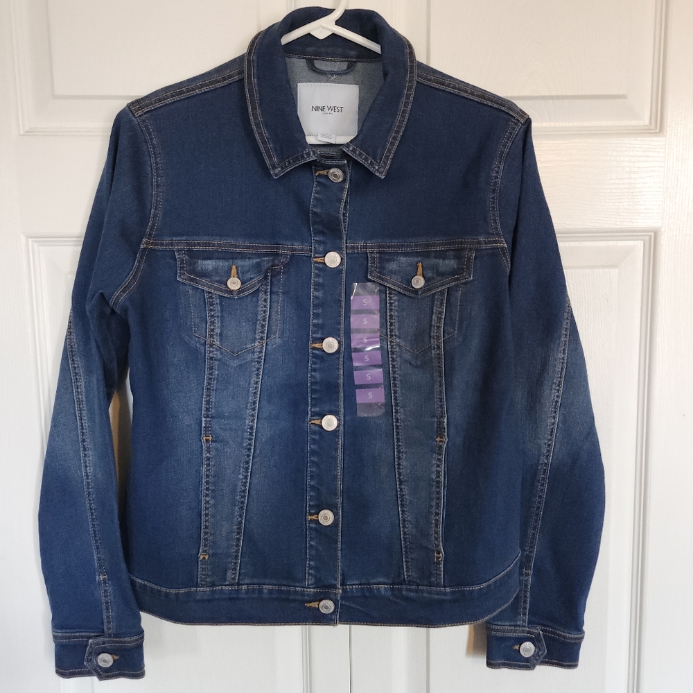Nine West Denim Button Stretch Distressed Jean Jacket Med Wash Womens Size S NWT